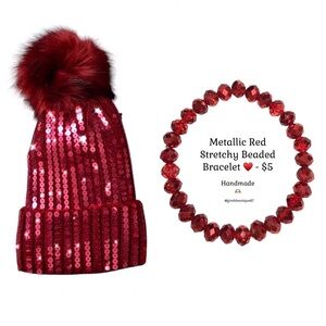 Burgundy Sequin Beanie with Beaded Bracelet Set ♥️